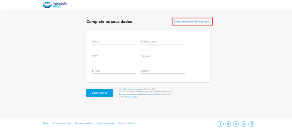 O lojista deve clicar em “Criar uma conta de empresa”.