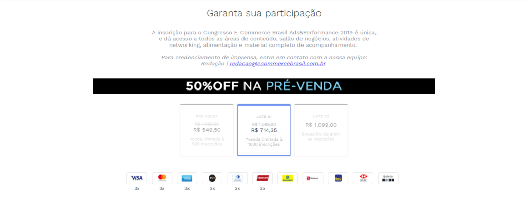Valores dos ingressos para o Congresso Ads & Performance.